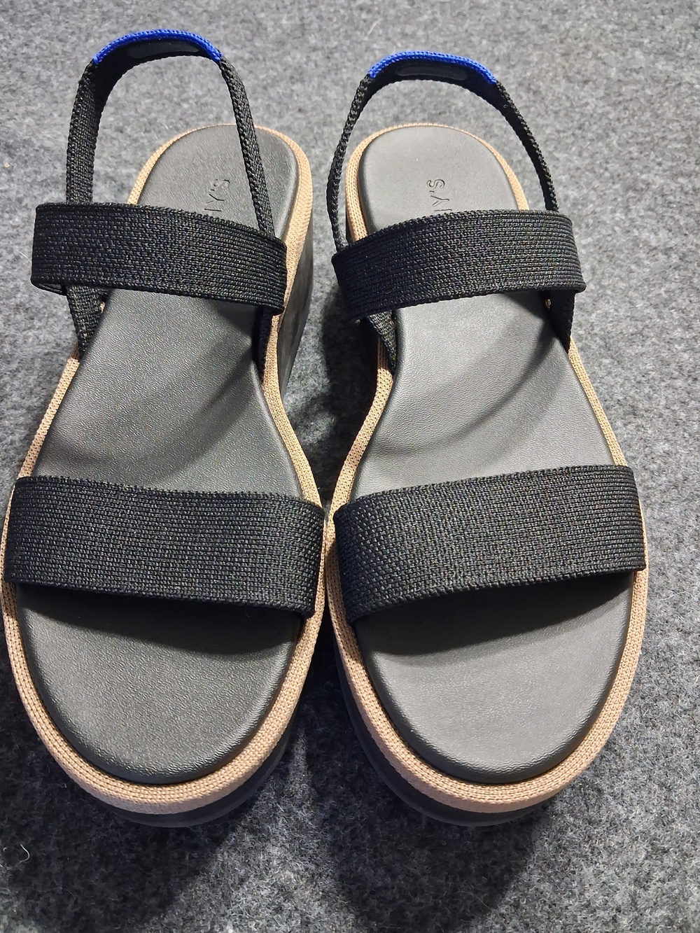 Rothy's Black Sandals with Tan Trim and Blue Heel Accent